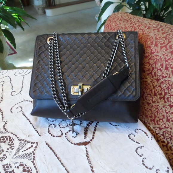 Lanvin Black Quilted/Smooth Leather Shoulder Bag w/ Gunmetal Chain Detail - Picture 2 of 16